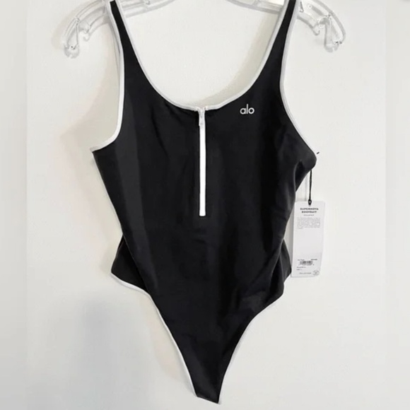 Alo Yoga Supernova Stellar Bodysuit. Thong Style. Black/White Trim. Size L. NEW - Picture 2 of 6